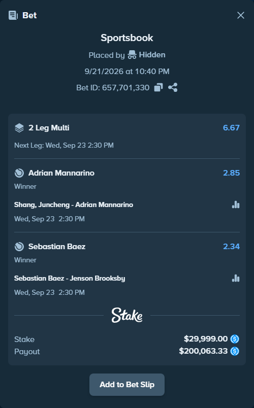 Bet slip: Shang, Juncheng - Adrian Mannarino, $29,999.00 stake at 2.85 odds, placed by Hidden