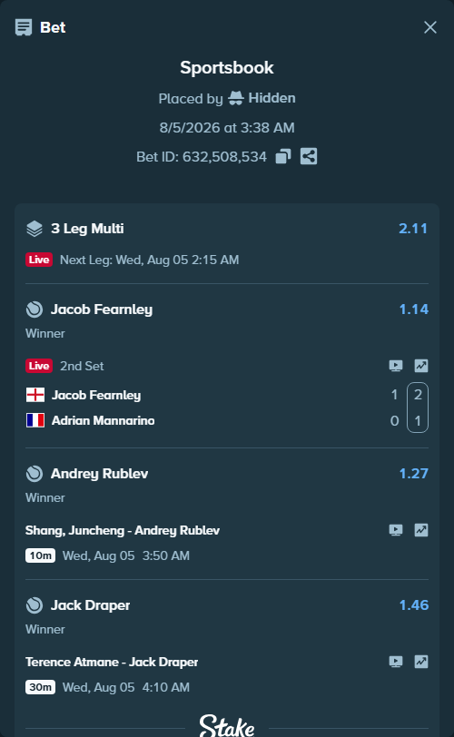 Bet slip: Shang, Juncheng - Andrey Rublev, $40,584.39 stake at 1.27 odds, placed by Hidden