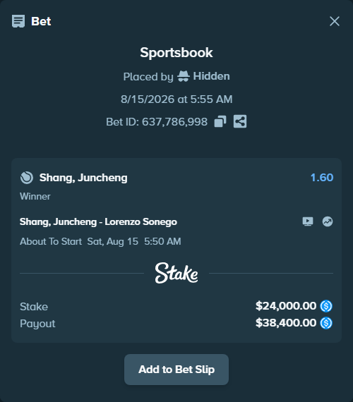 Bet slip: Shang, Juncheng - Lorenzo Sonego, $24,000.00 stake at 1.60 odds, placed by Hidden
