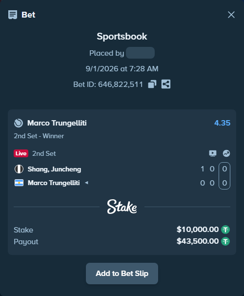 Bet slip: Shang, Juncheng - Marco Trungelliti, $10,000.00 stake at 4.35 odds, placed by Mishobg86