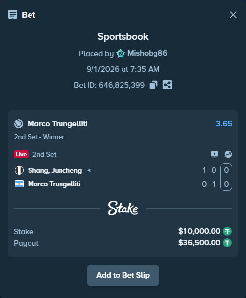 Bet slip: Shang, Juncheng - Marco Trungelliti, $10,000.00 stake at 3.65 odds, placed by Mishobg86