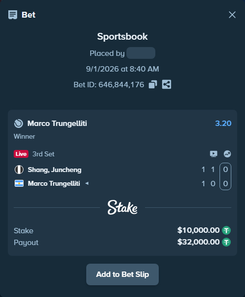 Bet slip: Shang, Juncheng - Marco Trungelliti, $10,000.00 stake at 3.20 odds, placed by Mishobg86