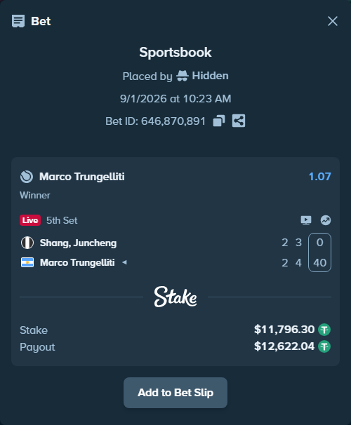 Bet slip: Shang, Juncheng - Marco Trungelliti, $11,796.30 stake at 1.07 odds, placed by Hidden