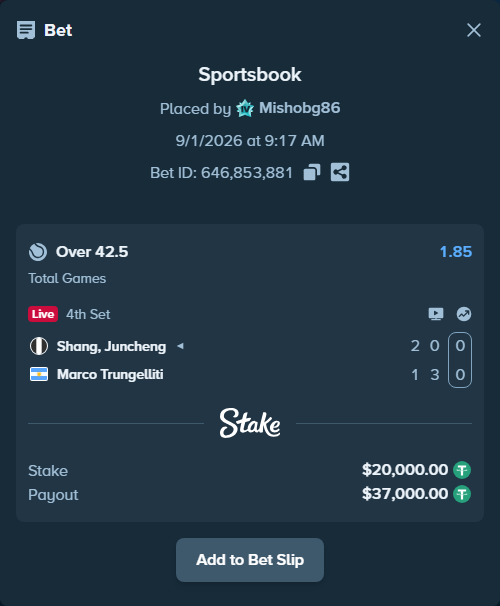 Bet slip: Shang, Juncheng - Marco Trungelliti, $20,000.00 stake at 1.85 odds, placed by Mishobg86