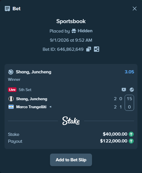 Bet slip: Shang, Juncheng - Marco Trungelliti, $40,000.00 stake at 3.05 odds, placed by Hidden