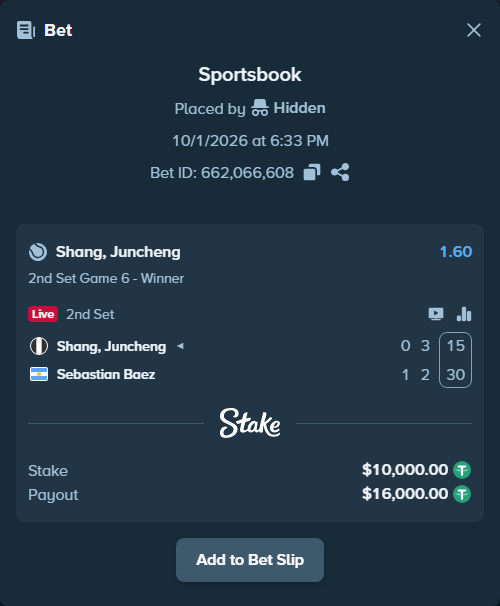 Bet slip: Shang, Juncheng - Sebastian Baez, $10,000.00 stake at 1.60 odds, placed by Hidden