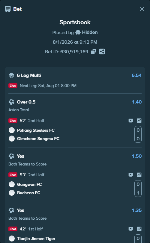 Bet slip: Shanghai Port - Shandong Taishan FC, $50,853.18 stake at 1.22 odds, placed by Hidden