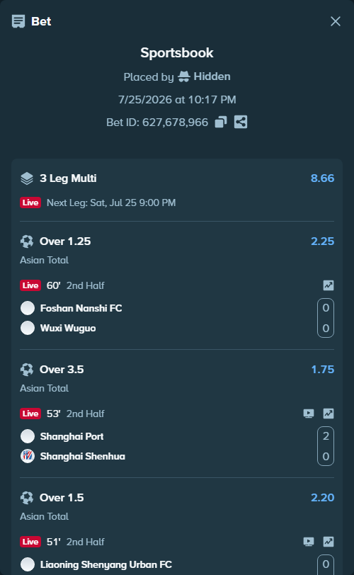 Bet slip: Shanghai Port - Shanghai Shenhua FC, $22,000.00 stake at 1.75 odds, placed by Hidden