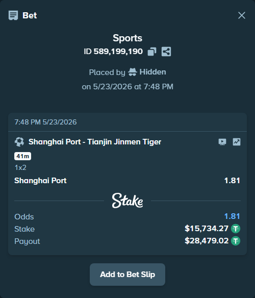 Bet slip: Shanghai Port - Tianjin Jinmen Tiger, $15,750.00 stake at 1.81 odds, placed by Hidden