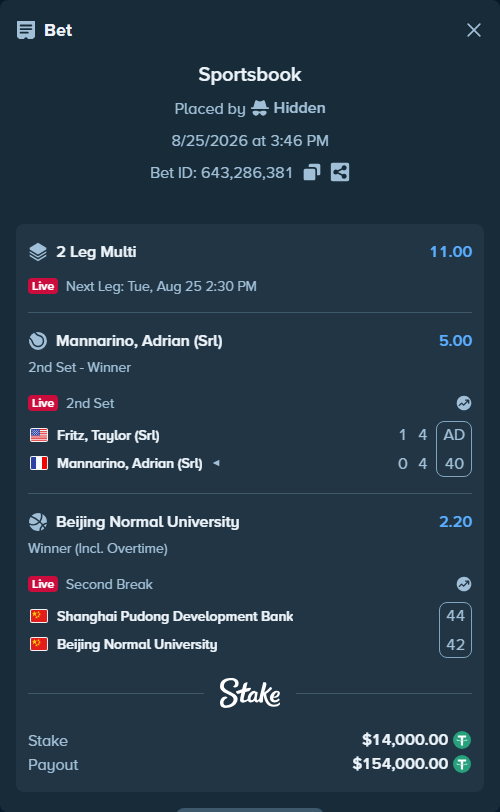 Bet slip: Shanghai Pudong Development Bank - Beijing Normal University, $14,000.00 stake at 2.20 odds, placed by Hidden