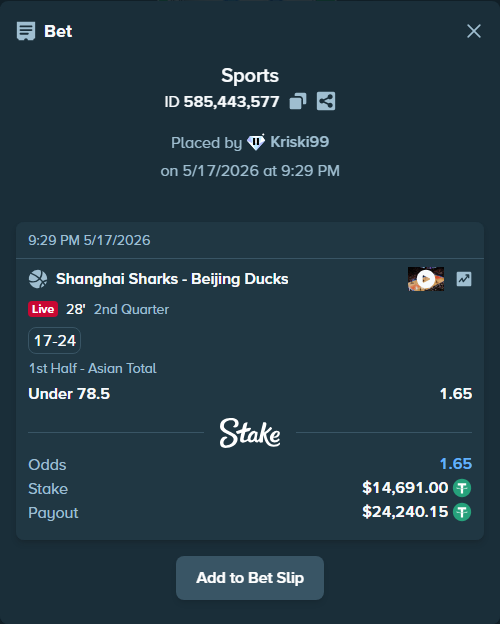 Bet slip: Shanghai Sharks - Beijing Ducks, $14,691.00 stake at 1.65 odds, placed by Kriski99