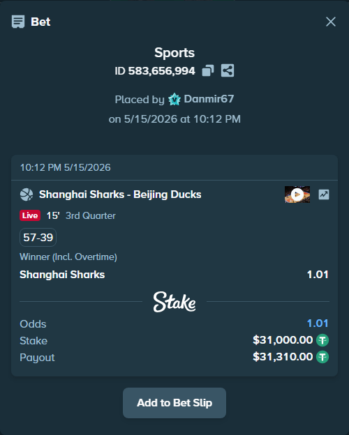 Bet slip: Shanghai Sharks - Beijing Ducks, $31,000.00 stake at 1.01 odds, placed by Danmir67
