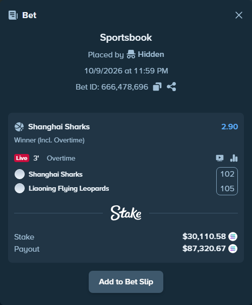 Bet slip: Shanghai Sharks - Liaoning Flying Leopards, $30,132.40 stake at 2.90 odds, placed by Prettylfacko98