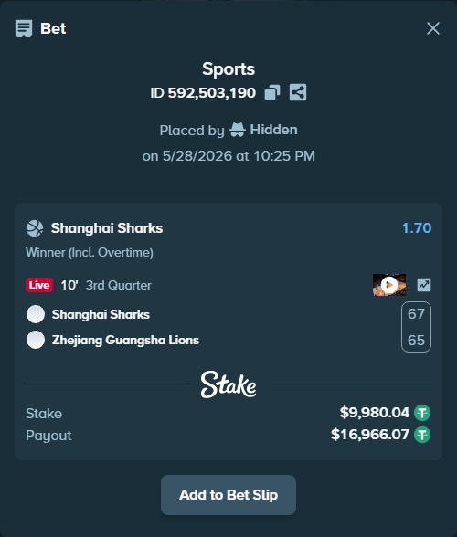 Bet slip: Shanghai Sharks - Zhejiang Lions, $10,000.00 stake at 1.70 odds, placed by Hidden