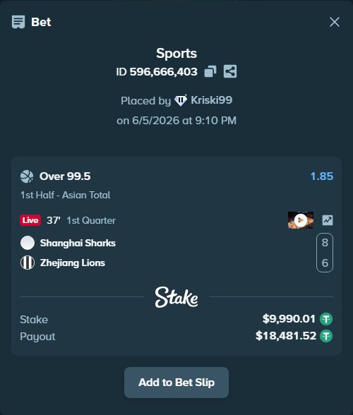 Bet slip: Shanghai Sharks - Zhejiang Lions, $10,000.00 stake at 1.85 odds, placed by Kriski99