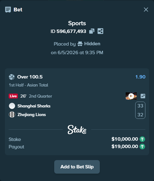 Bet slip: Shanghai Sharks - Zhejiang Lions, $10,010.00 stake at 1.90 odds, placed by Hidden