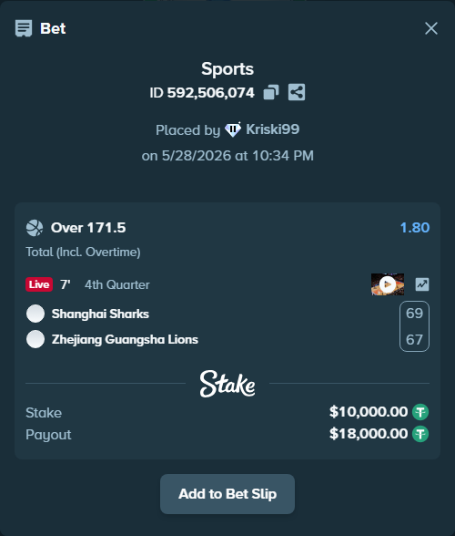 Bet slip: Shanghai Sharks - Zhejiang Lions, $10,020.00 stake at 1.80 odds, placed by Kriski99
