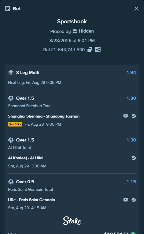 Bet slip: Shanghai Shenhua FC - Shandong Taishan FC, $10,594.51 stake at 1.30 odds, placed by Hidden