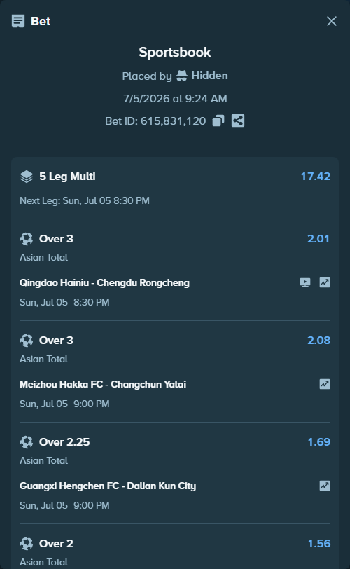 Bet slip: Shanghai Shenhua FC - Zhejiang, $53,603.43 stake at 1.58 odds, placed by Hidden