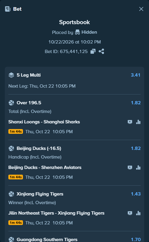 Bet slip: Shanxi Loongs - Shanghai Sharks, $30,000.00 stake at 1.82 odds, placed by Hidden
