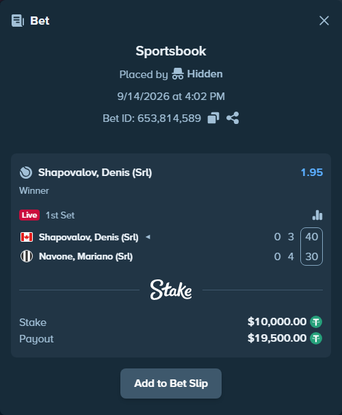 Bet slip: Shapovalov, Denis (Srl) - Navone, Mariano (Srl), $10,000.00 stake at 1.95 odds, placed by Hidden