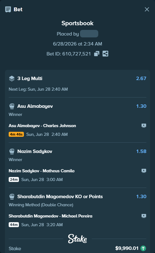 Bet slip: Sharabutdin Magomedov - Michael Pereira, $10,000.00 stake at 1.30 odds, placed by 123Cherstake