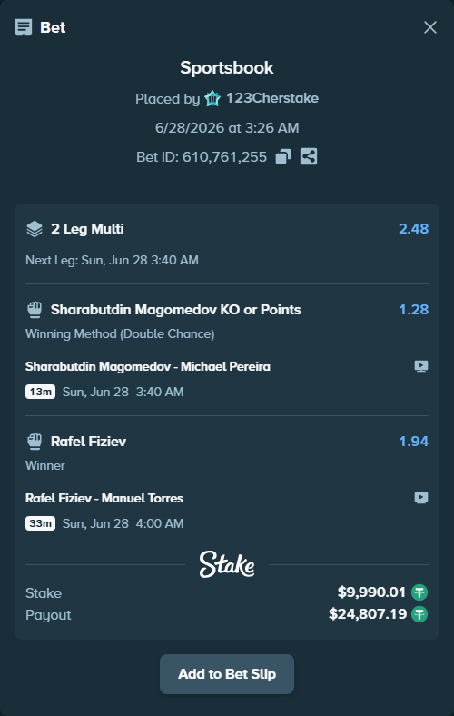 Bet slip: Sharabutdin Magomedov - Michael Pereira, $10,000.00 stake at 1.28 odds, placed by 123Cherstake
