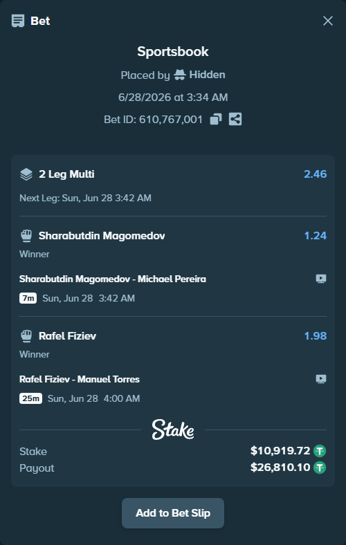 Bet slip: Sharabutdin Magomedov - Michael Pereira, $10,930.64 stake at 1.24 odds, placed by Hidden