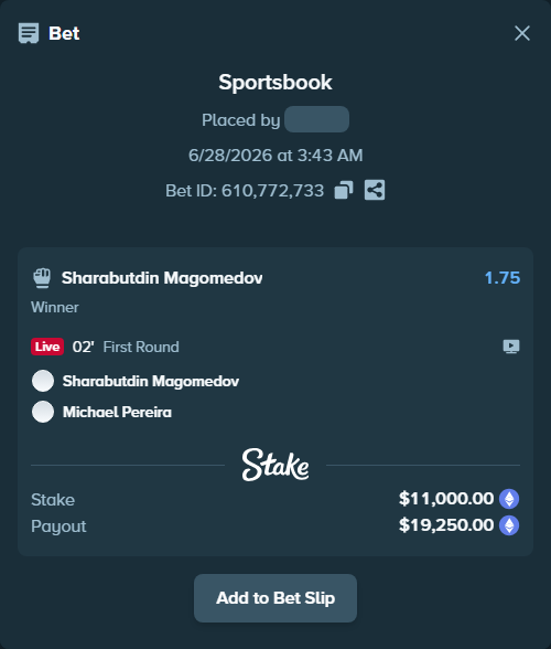 Bet slip: Sharabutdin Magomedov - Michael Pereira, $12,034.51 stake at 1.75 odds, placed by azosuka
