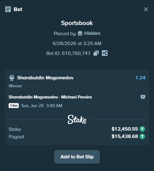 Bet slip: Sharabutdin Magomedov - Michael Pereira, $12,463.00 stake at 1.24 odds, placed by Hidden