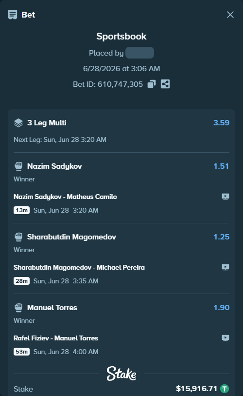 Bet slip: Sharabutdin Magomedov - Michael Pereira, $15,932.63 stake at 1.25 odds, placed by Rosspicks