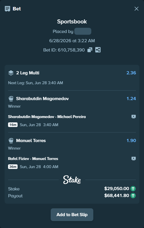 Bet slip: Sharabutdin Magomedov - Michael Pereira, $29,079.05 stake at 1.24 odds, placed by Rosspicks