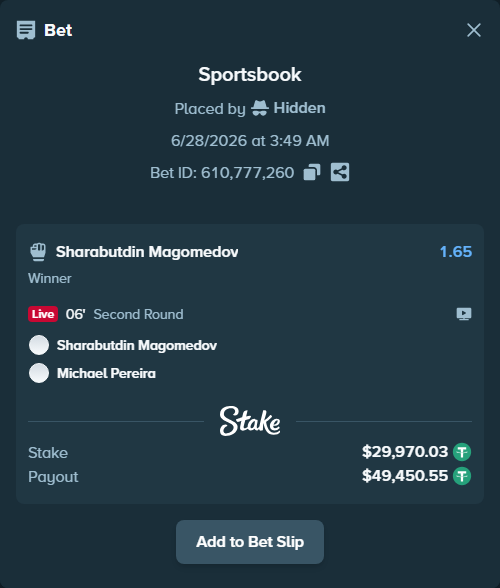 Bet slip: Sharabutdin Magomedov - Michael Pereira, $30,000.00 stake at 1.65 odds, placed by Hidden