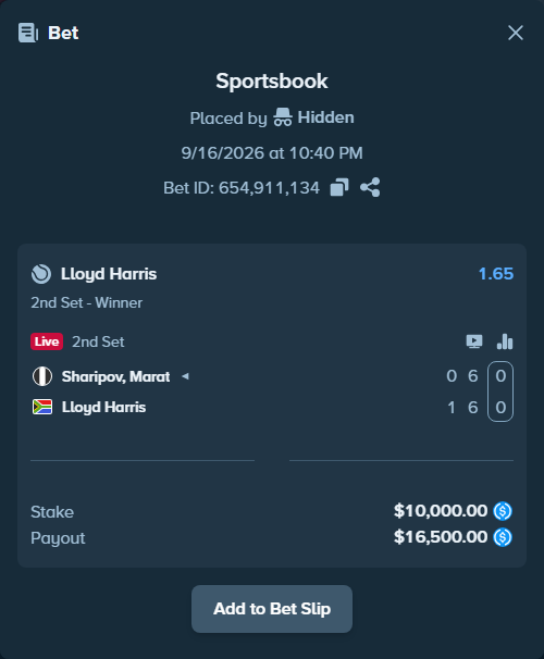Bet slip: Sharipov, Marat - Lloyd Harris, $10,000.00 stake at 1.65 odds, placed by Hidden