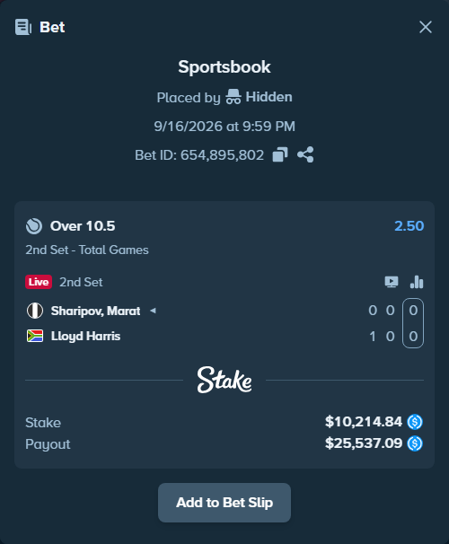 Bet slip: Sharipov, Marat - Lloyd Harris, $10,214.84 stake at 2.50 odds, placed by Hidden