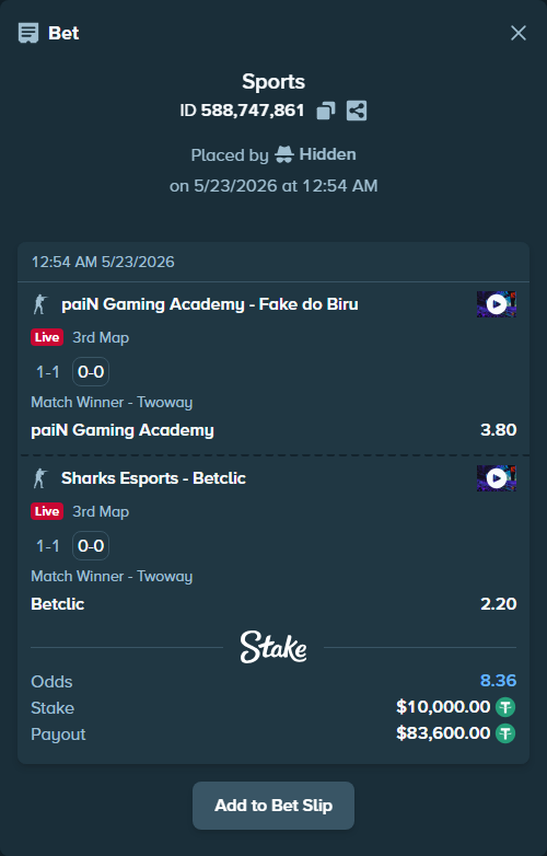 Bet slip: Sharks Esports - Betclic, $10,010.00 stake at 2.20 odds, placed by Hidden