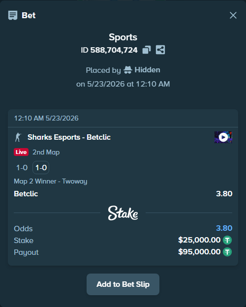 Bet slip: Sharks Esports - Betclic, $25,025.00 stake at 3.80 odds, placed by Hidden