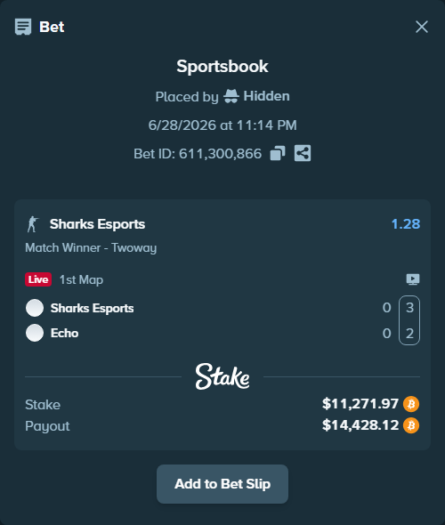 Bet slip: Sharks Esports - Echo, $11,731.10 stake at 1.28 odds, placed by Hidden