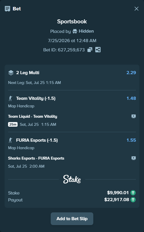 Bet slip: Sharks Esports - FURIA Esports, $10,000.00 stake at 1.55 odds, placed by Hidden