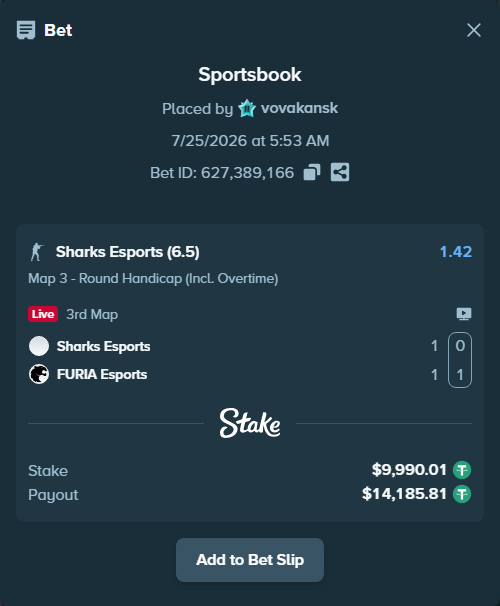 Bet slip: Sharks Esports - FURIA Esports, $10,000.00 stake at 1.42 odds, placed by vovakansk