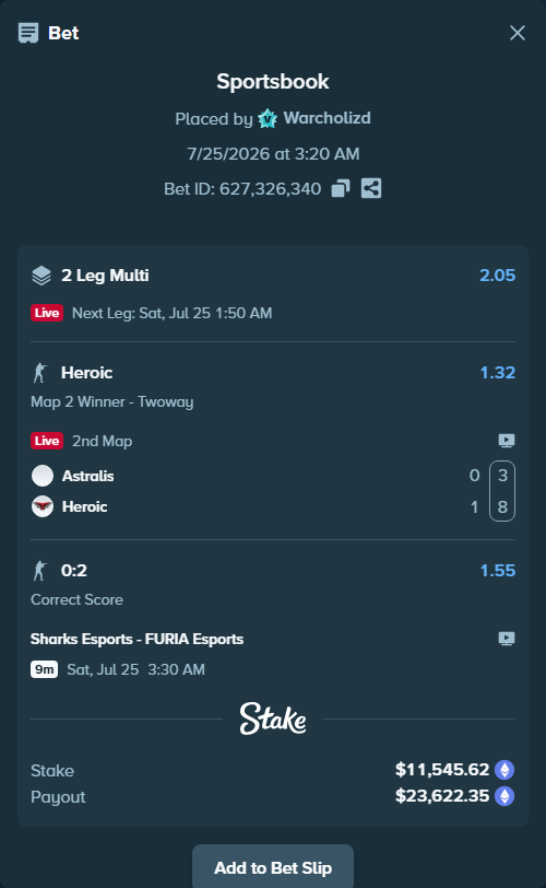 Bet slip: Sharks Esports - FURIA Esports, $11,795.44 stake at 1.55 odds, placed by Warcholizd