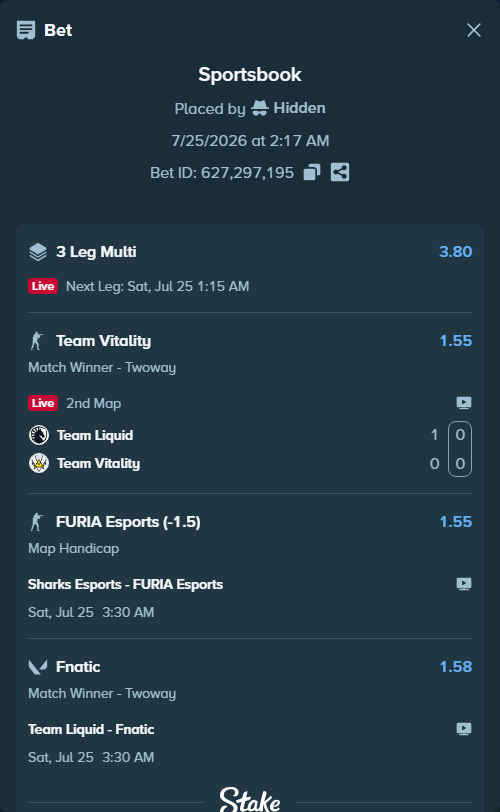 Bet slip: Sharks Esports - FURIA Esports, $49,977.93 stake at 1.55 odds, placed by Hidden