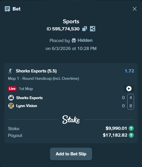 Bet slip: Sharks Esports - Lynn Vision, $10,000.00 stake at 1.72 odds, placed by Hidden