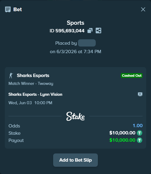 Bet slip: Sharks Esports - Lynn Vision, $10,010.00 stake at 1.85 odds, placed by Curry7130