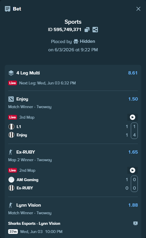 Bet slip: Sharks Esports - Lynn Vision, $10,010.00 stake at 1.88 odds, placed by Hidden