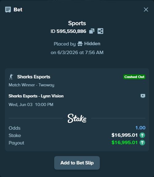 Bet slip: Sharks Esports - Lynn Vision, $17,012.00 stake at 2.00 odds, placed by Hidden