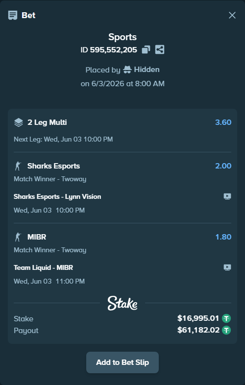 Bet slip: Sharks Esports - Lynn Vision, $17,012.00 stake at 2.00 odds, placed by Hidden