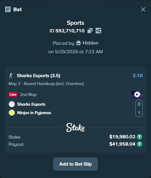 Bet slip: Sharks Esports - Ninjas in Pyjamas, $20,000.00 stake at 2.10 odds, placed by Hidden