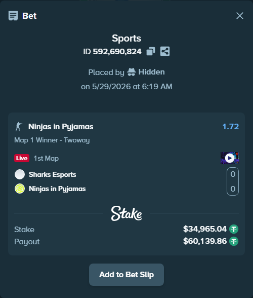Bet slip: Sharks Esports - Ninjas in Pyjamas, $35,000.00 stake at 1.72 odds, placed by Hidden