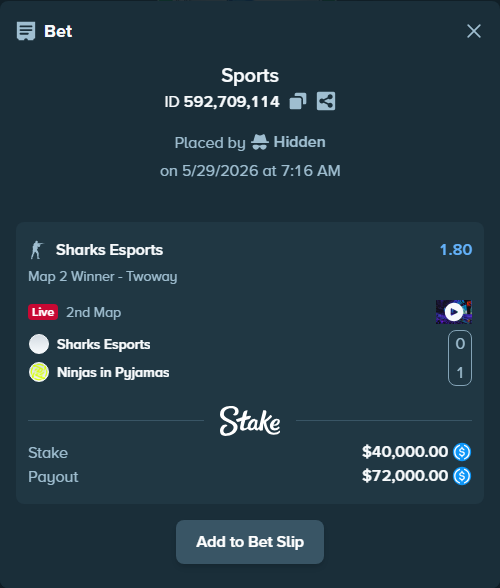 Bet slip: Sharks Esports - Ninjas in Pyjamas, $40,000.00 stake at 1.80 odds, placed by Hidden